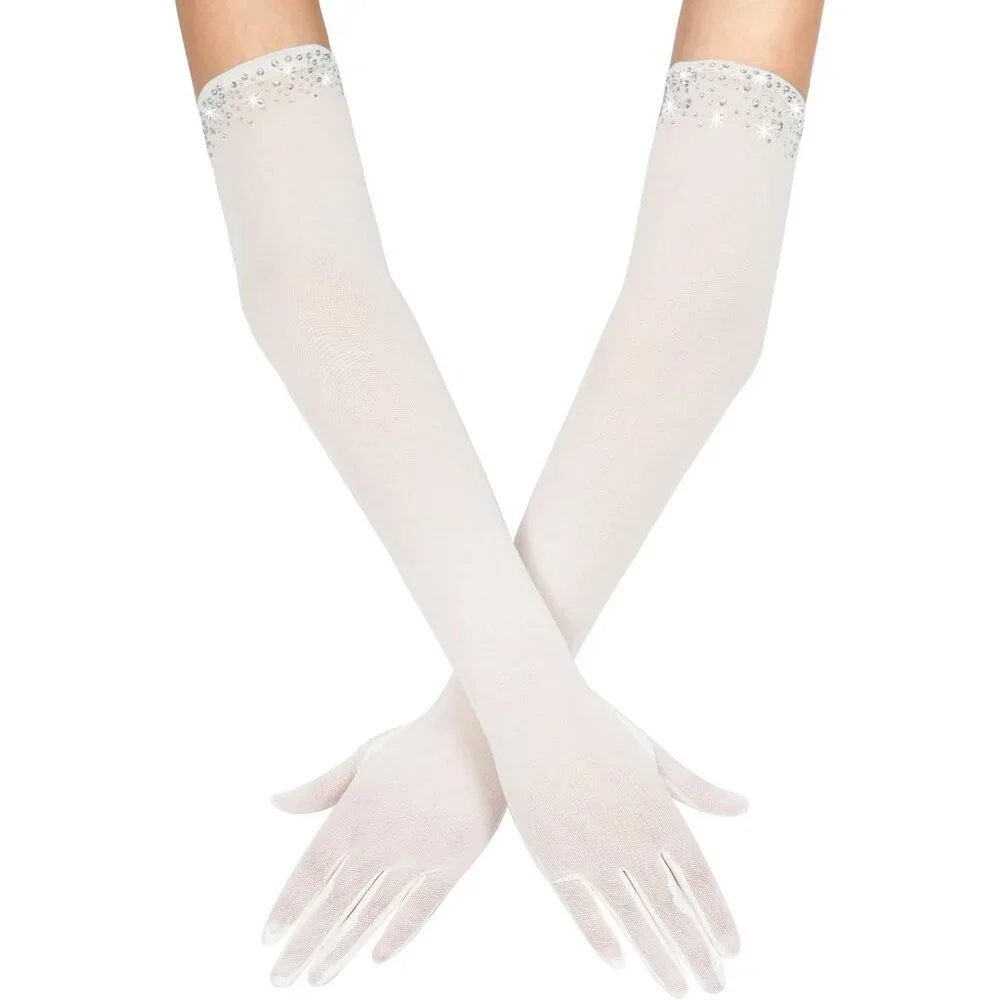 Women's Sexy Pearl Beaded Light Lvory Long Gloves Tulle Mesh Wedding Party Prom